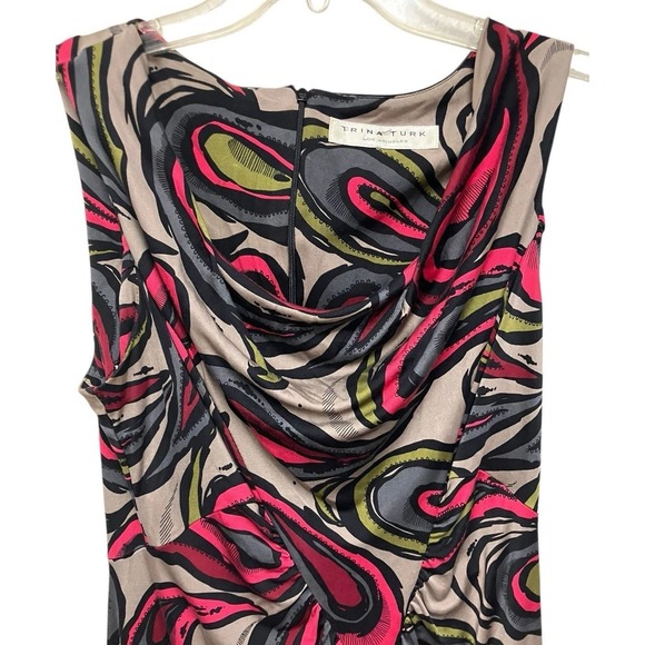 Trina Turk SILK Slimming Psychedelic Print Drape Neck Knee Length 16" Pit To Pit - Picture 2 of 8